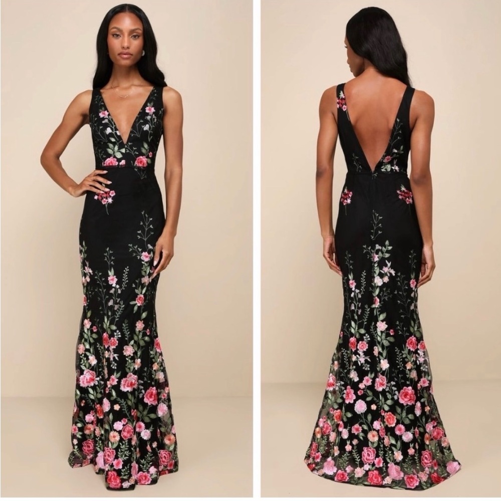 Lulu's Soirée Blossom Black Floral Mermaid Dress